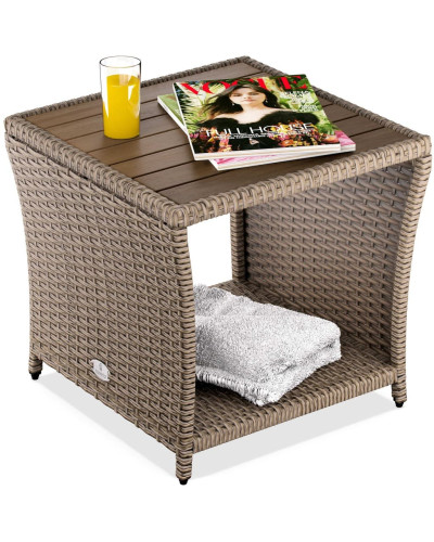 Cream Rattan Side Table with Acacia Wood Top